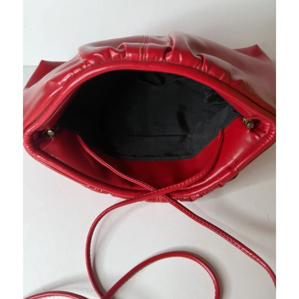 Red Ruched Faux Leather Shoulder Bag Clutch Purse Push Bar Evening Statement Y2K